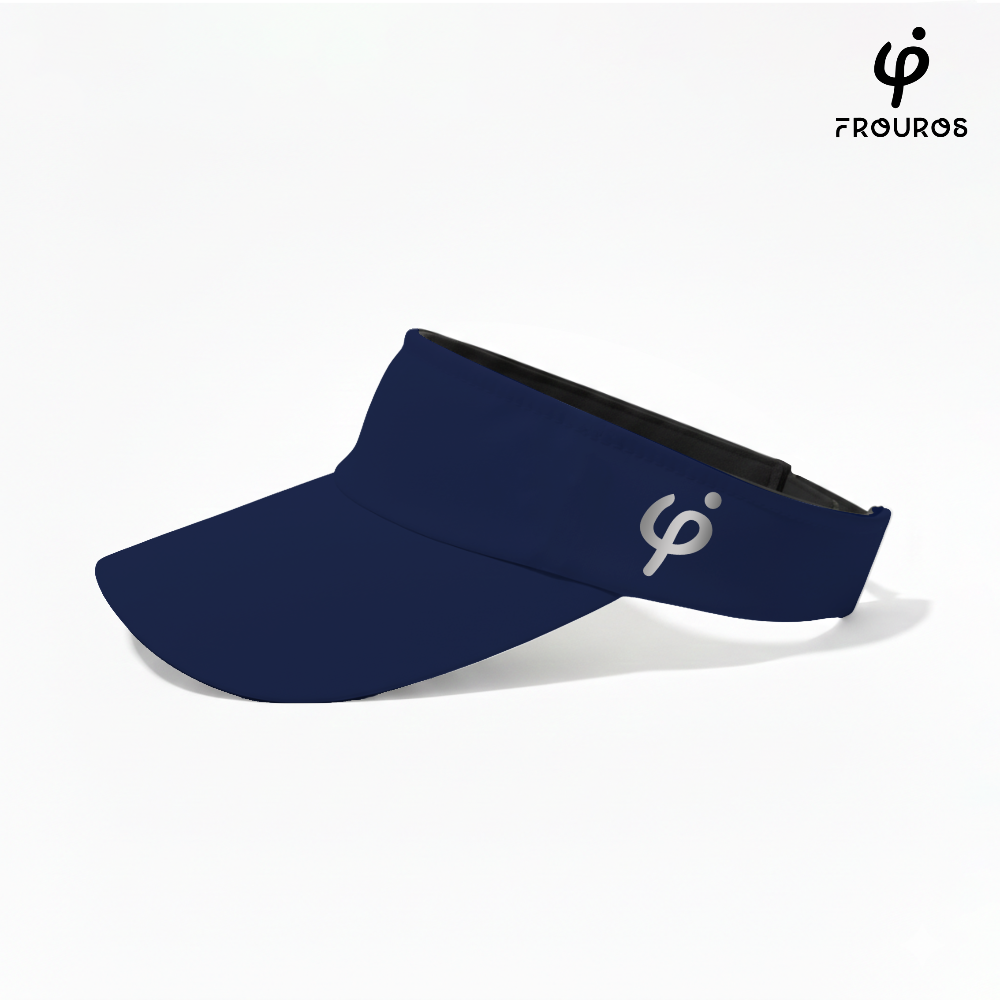 Vista lateral de visera deportiva Frouros en color azul marino con logotipo, ideal para running y tenis
