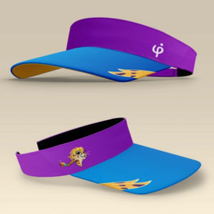 Visera deportiva infantil Frouros púrpura y turquesa con personaje de guepardo, vista frontal de lados.