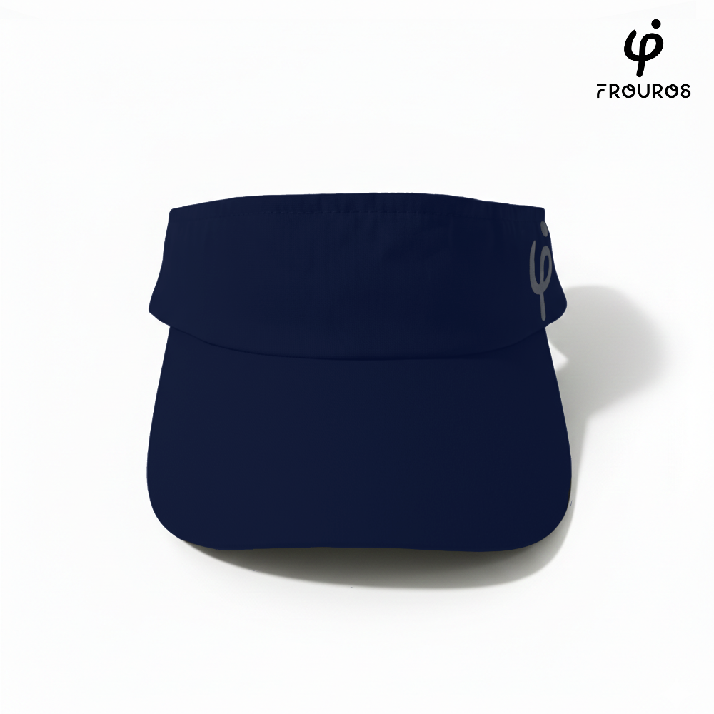 Vista frontal de visera deportiva Frouros en color azul marino con logotipo, ideal para running y tenis