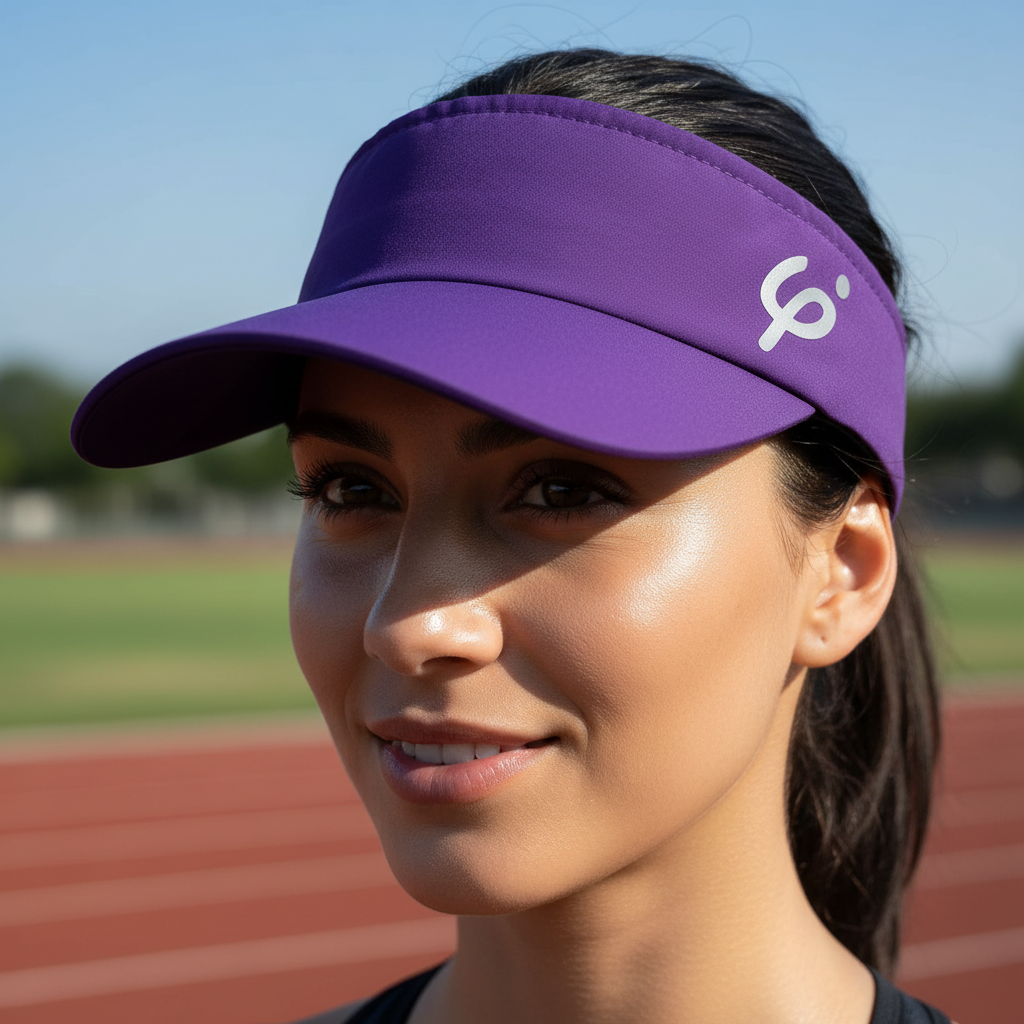 Mujer deportista en pista de atletismo usando visera morada Frouros, protección solar ligera y cómoda para corredores de alto rendimiento.