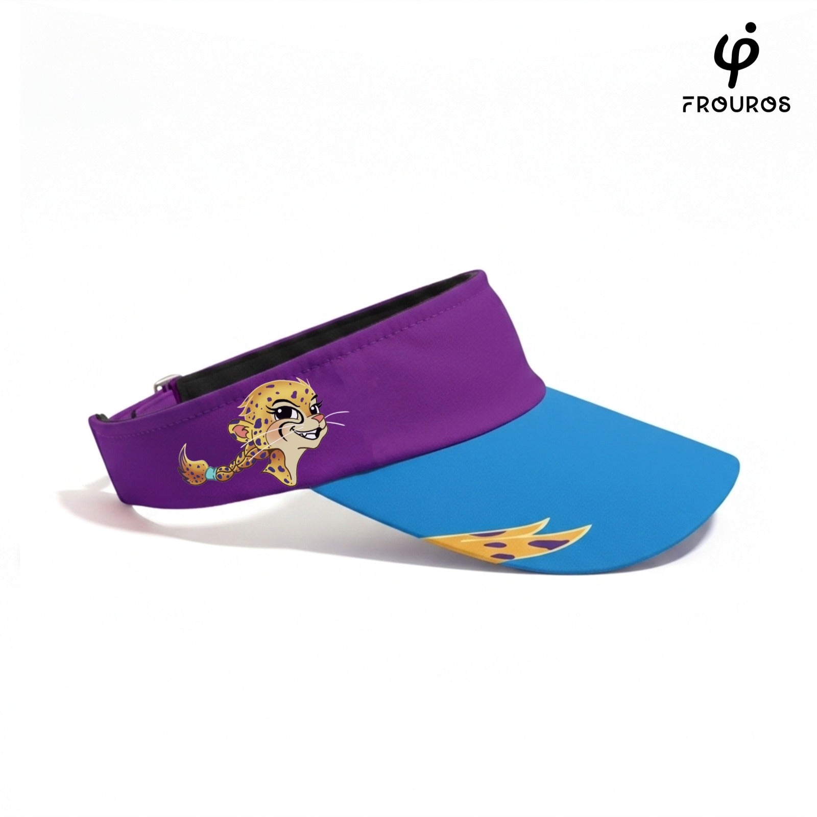 Visera deportiva infantil Frouros con personaje de guepardo, diseño bicolor en púrpura y turquesa, ideal para proteger a los niños del sol durante el deporte y juego al aire libre.