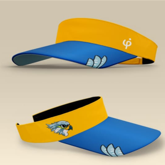 Visera deportiva para niños Frouros con personaje de halcón, diseño bicolor en amarillo y azul, protección solar ligera para actividades escolares y deportivas.